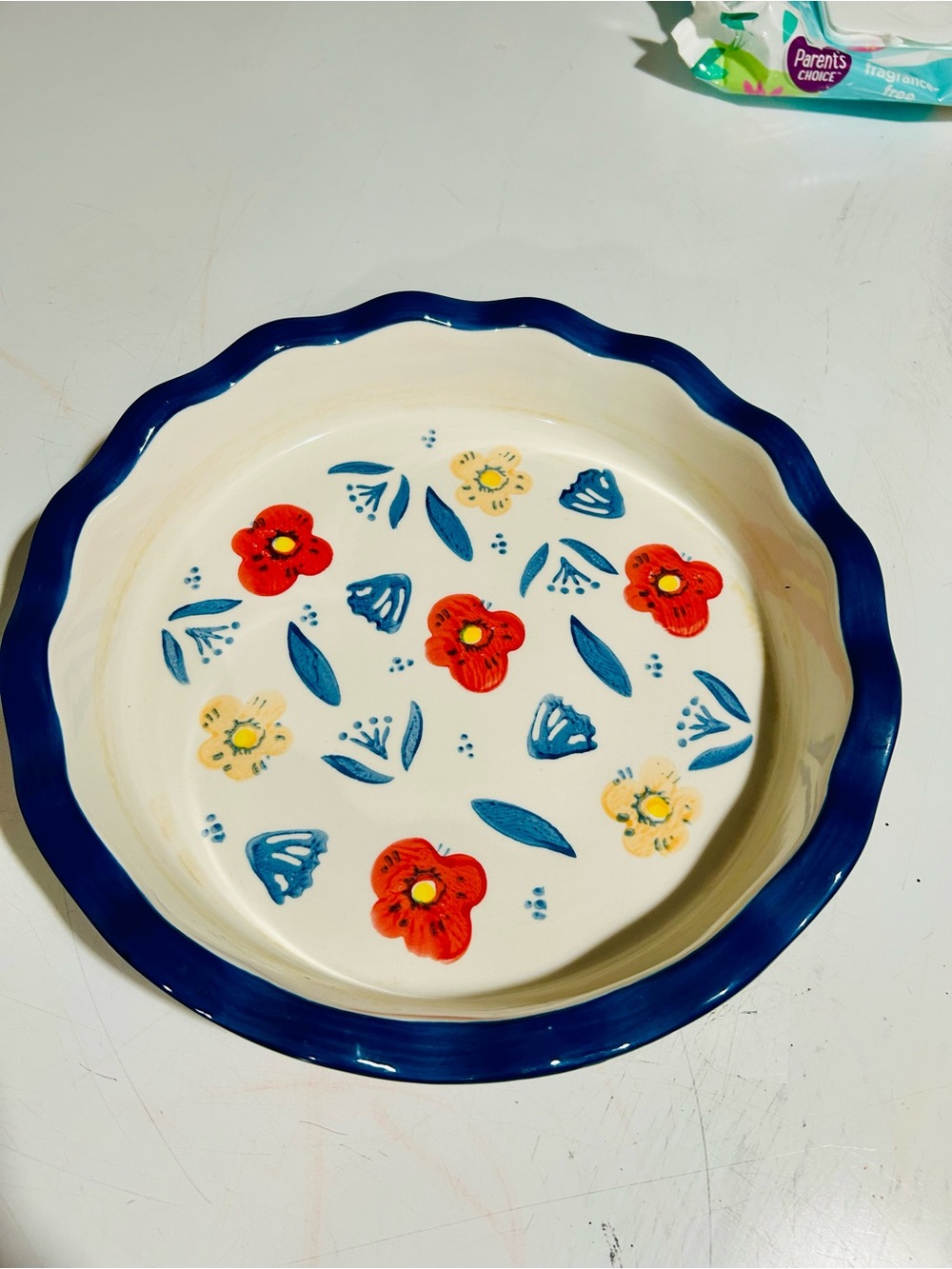 Hand-Painted Floral Ceramic Pie Dish in Navy & Cream